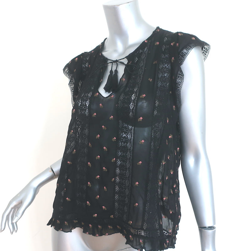 Ulla Johnson Magdalena Blouse Black Floral-Embroidered Georgette Size 8