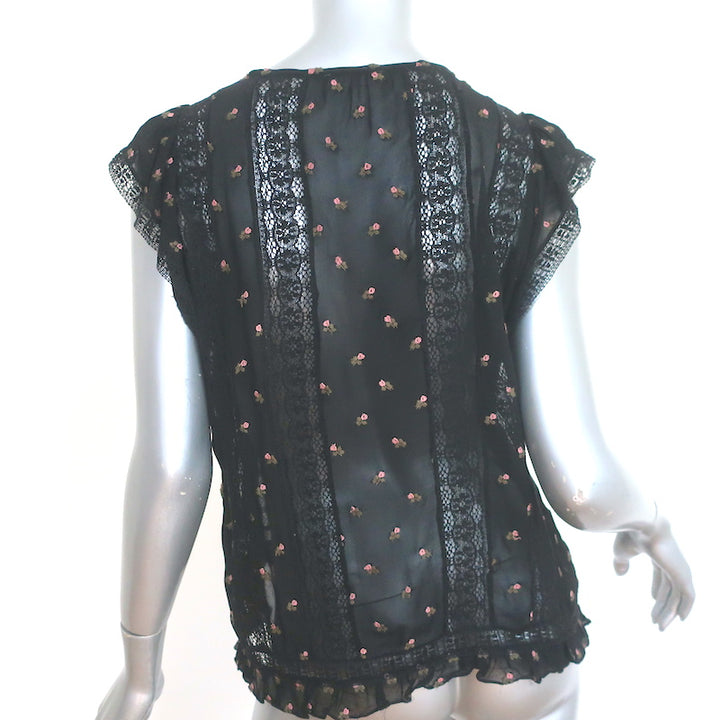 Ulla Johnson Magdalena Blouse Black Floral-Embroidered Georgette Size 8