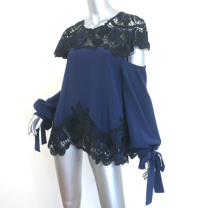 Jonathan Simkhai Cutout Guipure Lace-Paneled Blouse Navy/Black Silk Size Large