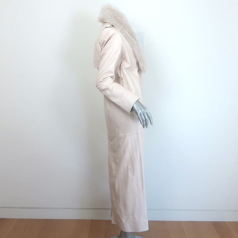 Nour Hammour Dakota Fur-Collar Long Leather Coat Powder Size 34 NEW