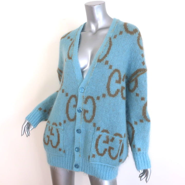 Gucci Reversible Oversized GG Cardigan Brown &amp; Blue Mohair-Wool Size Small