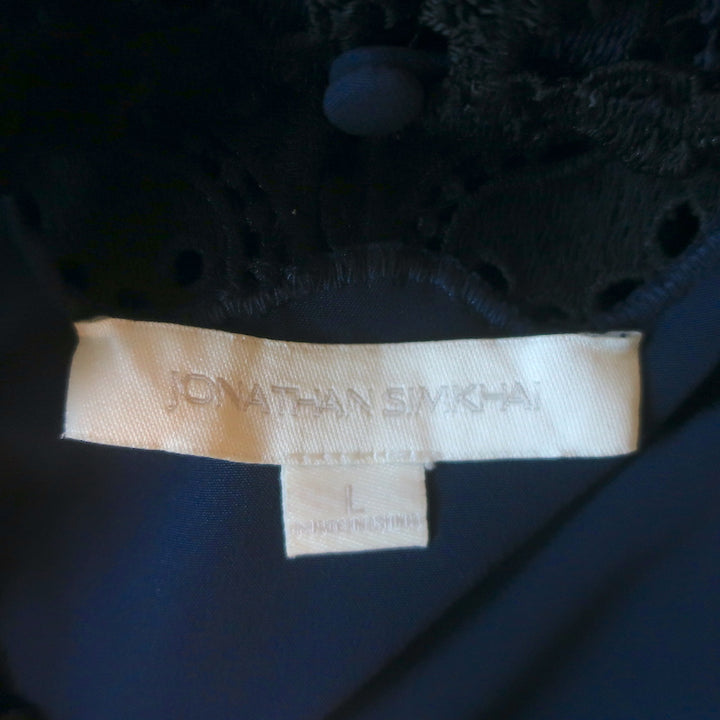 Jonathan Simkhai Cutout Guipure Lace-Paneled Blouse Navy/Black Silk Size Large