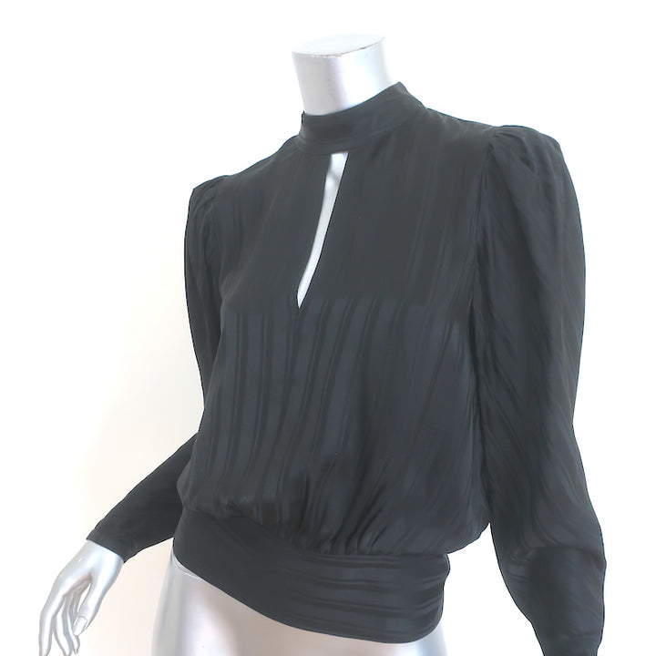 FRAME Keyhole Blouse Black Jacquard Stripe Silk Size Small Long Sleeve Top