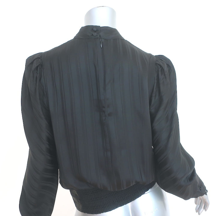 FRAME Keyhole Blouse Black Jacquard Stripe Silk Size Small Long Sleeve Top