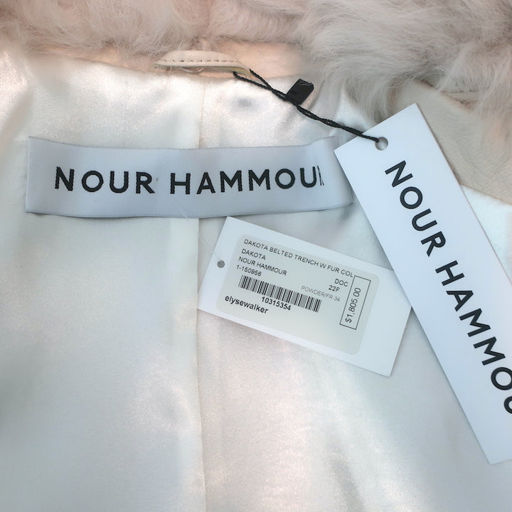 Nour Hammour Dakota Fur-Collar Long Leather Coat Powder Size 34 NEW