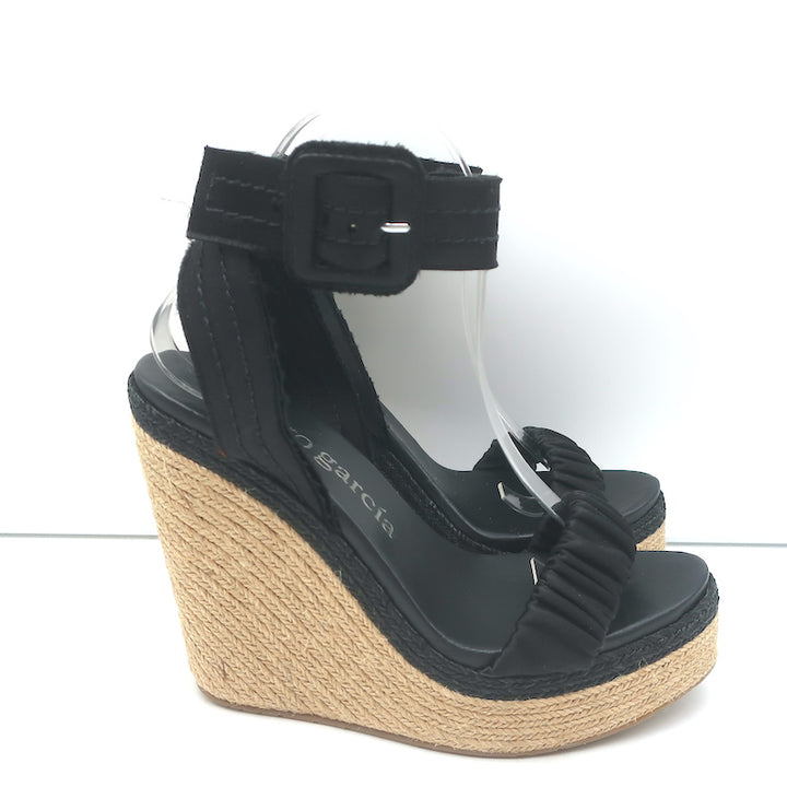 Pedro Garcia Espadrille Wedge Sandals Teodora Black Ruched Satin Size 38.5 NEW