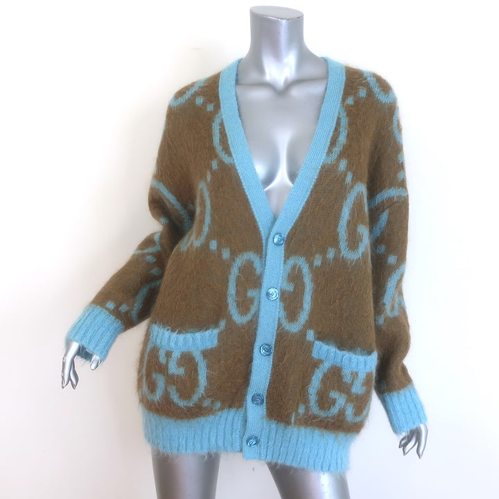 Gucci Reversible Oversized GG Cardigan Brown &amp; Blue Mohair-Wool Size Small