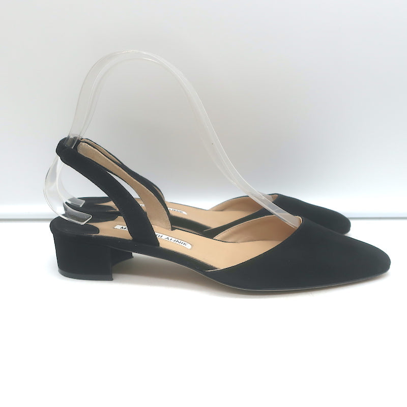 Manolo Blahnik Aspro Low-Heel Slingback Pumps Black Suede Size 35