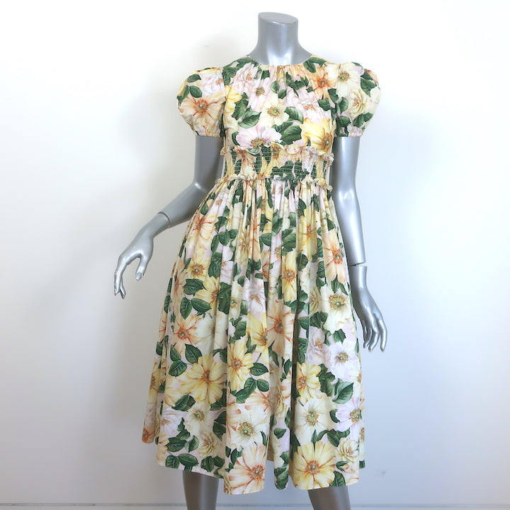 Dolce &amp; Gabbana Camellia Print Dress Yellow/Pink Poplin Size 11/12 Womens XS