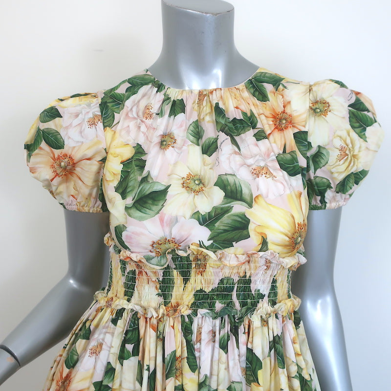 Dolce &amp; Gabbana Camellia Print Dress Yellow/Pink Poplin Size 11/12 Womens XS