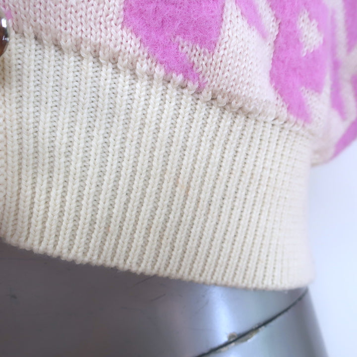 AREA Mussel Flower Houndstooth Cardigan Ivory/Pink Wool-Blend Size Extra Small