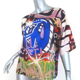 Moschino Graffiti Print Blouse Multicolor Silk Satin Size US 6 Short Sleeve Top