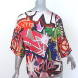 Moschino Graffiti Print Blouse Multicolor Silk Satin Size US 6 Short Sleeve Top