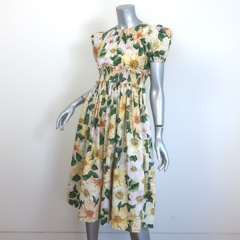 Dolce &amp; Gabbana Camellia Print Dress Yellow/Pink Poplin Size 11/12 Womens XS