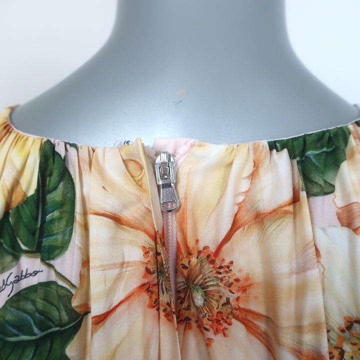 Dolce &amp; Gabbana Camellia Print Dress Yellow/Pink Poplin Size 11/12 Womens XS