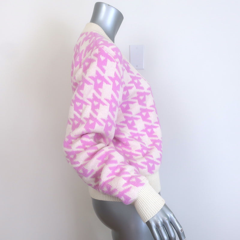 AREA Mussel Flower Houndstooth Cardigan Ivory/Pink Wool-Blend Size Extra Small