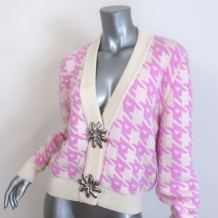 AREA Mussel Flower Houndstooth Cardigan Ivory/Pink Wool-Blend Size Extra Small