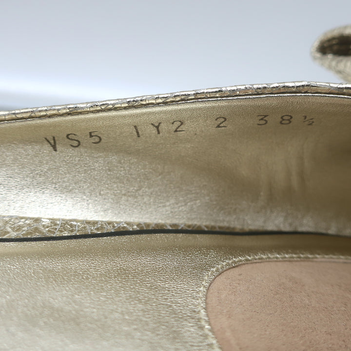 Valentino Unchateau bow mules in gold metallic cracked leather, pre-owned, authentic luxury flat with signature bow