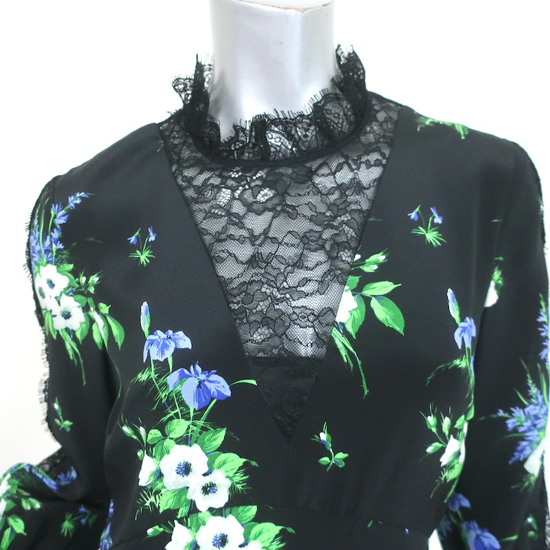 Les Reveries Long Sleeve Victorian Dress Black Daffodil Print Silk Size 6 NEW