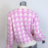 AREA Mussel Flower Houndstooth Cardigan Ivory/Pink Wool-Blend Size Extra Small