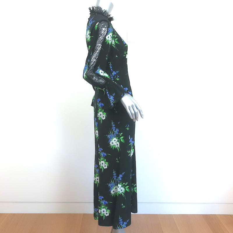 Les Reveries Long Sleeve Victorian Dress Black Daffodil Print Silk Size 6 NEW