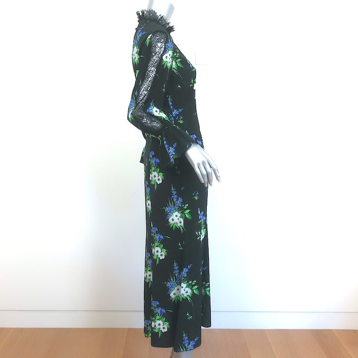 Les Reveries Long Sleeve Victorian Dress Black Daffodil Print Silk Size 6 NEW