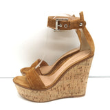 Gianvito Rossi Cork Platform Wedge Sandals Tan Suede Size 38 Ankle Strap Heels