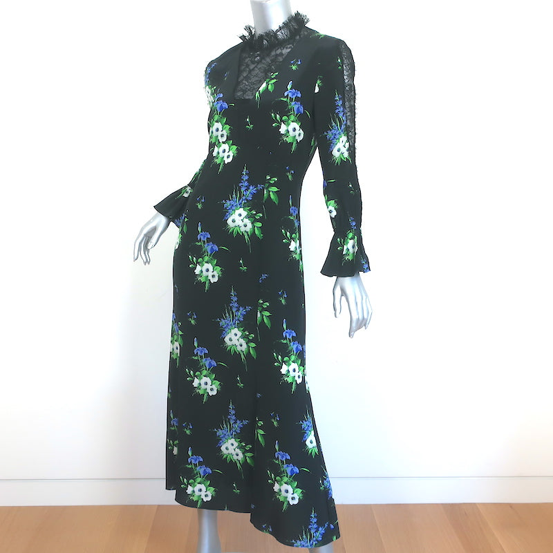 Les Reveries Long Sleeve Victorian Dress Black Daffodil Print Silk Size 6 NEW