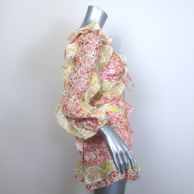 zimmermann goldie spliced short dress Zimmermann Goldie Spliced Mini Dress Multi Floral Print Ruffled Linen Celebrity Owned