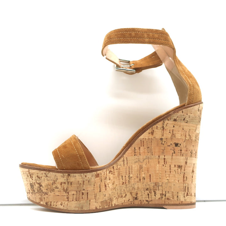Gianvito Rossi Cork Platform Wedge Sandals Tan Suede Size 38 Ankle Strap Heels