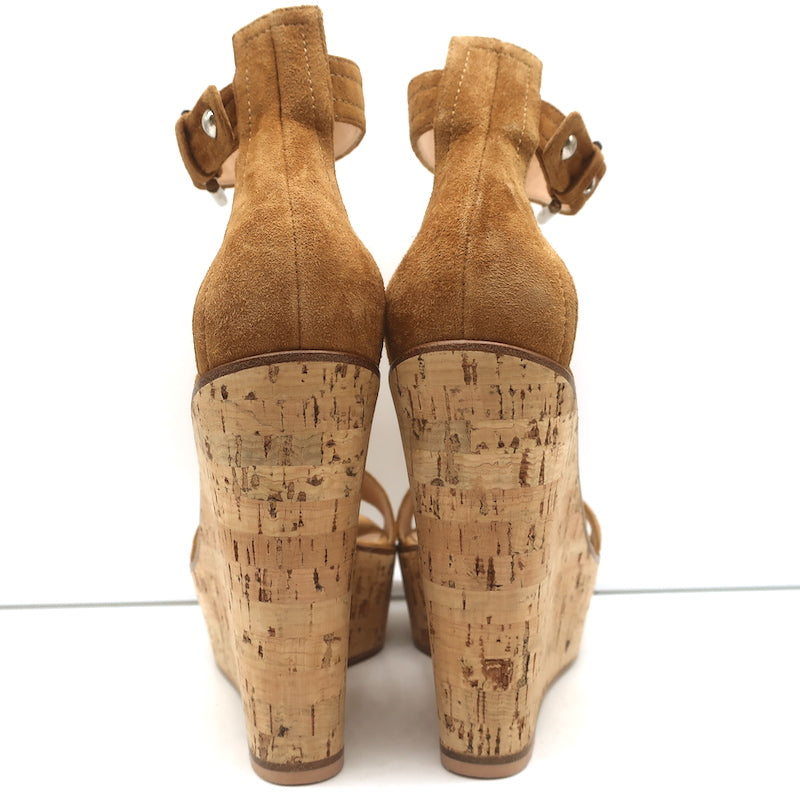 Gianvito Rossi Cork Platform Wedge Sandals Tan Suede Size 38 Ankle Strap Heels
