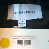 Les Reveries Long Sleeve Victorian Dress Black Daffodil Print Silk Size 6 NEW