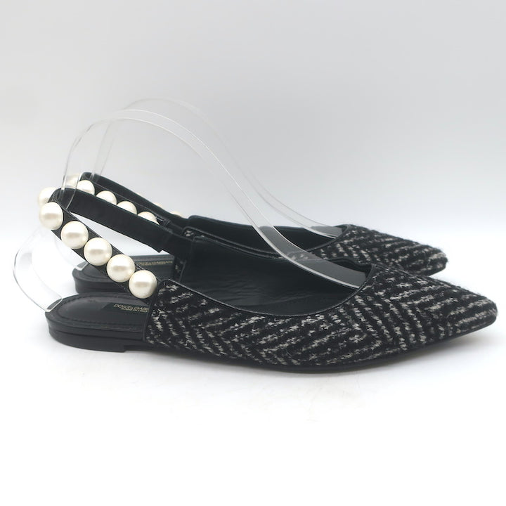 Dolce &amp; Gabbana Faux Pearl Chevron Tweed Slingback Flats Black Size 38
