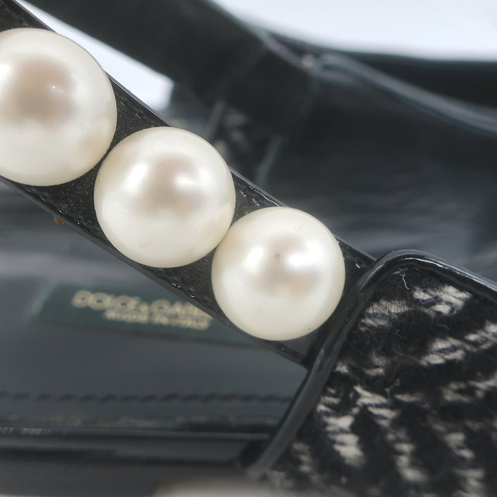 Dolce &amp; Gabbana Faux Pearl Chevron Tweed Slingback Flats Black Size 38
