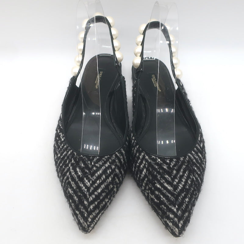 Dolce &amp; Gabbana Faux Pearl Chevron Tweed Slingback Flats Black Size 38