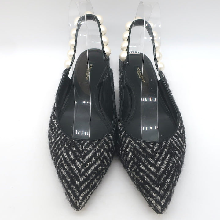 Dolce &amp; Gabbana Faux Pearl Chevron Tweed Slingback Flats Black Size 38