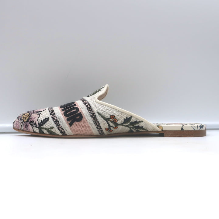 Christian Dior floral-embroidered canvas flat mules in white with multicolor embroidery, authentic pre-owned EU 39