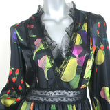 Cynthia Rowley Dress Krystal Black Lace-Trim Fruit Print Twill Size 8