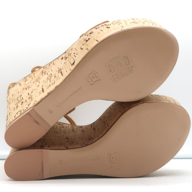 Gianvito Rossi Cork Platform Wedge Sandals Tan Suede Size 38 Ankle Strap Heels