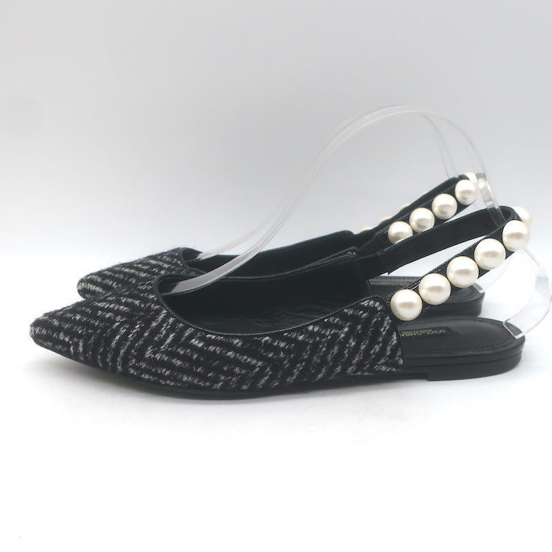 Dolce &amp; Gabbana Faux Pearl Chevron Tweed Slingback Flats Black Size 38