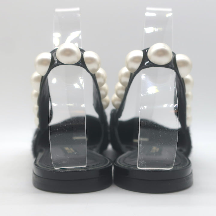 Dolce &amp; Gabbana Faux Pearl Chevron Tweed Slingback Flats Black Size 38