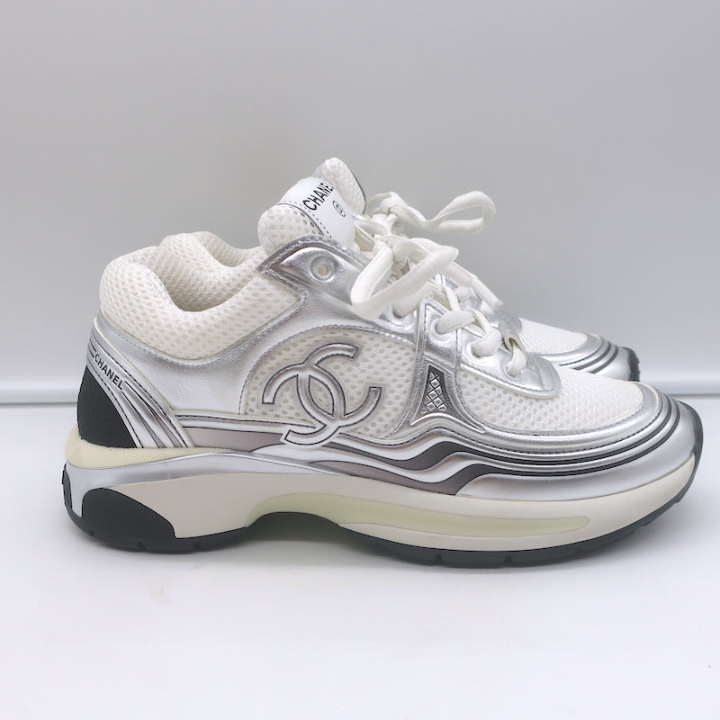 Chanel CC Runner Sneakers Silver Leather &amp; White Mesh Size 36