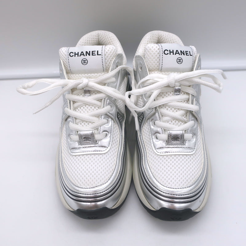 Chanel CC Runner Sneakers Silver Leather &amp; White Mesh Size 36