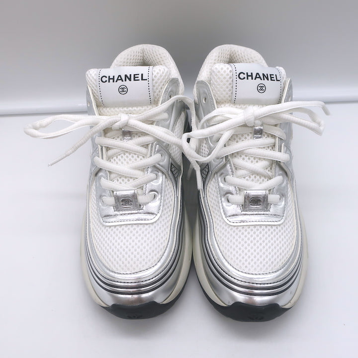 Chanel CC Runner Sneakers Silver Leather &amp; White Mesh Size 36