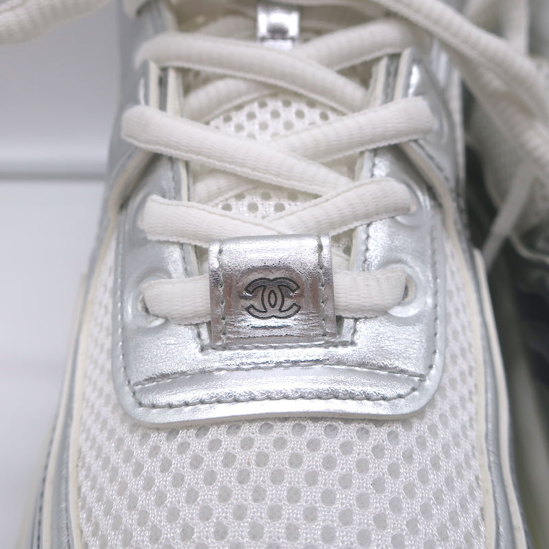 Chanel CC Runner Sneakers Silver Leather &amp; White Mesh Size 36