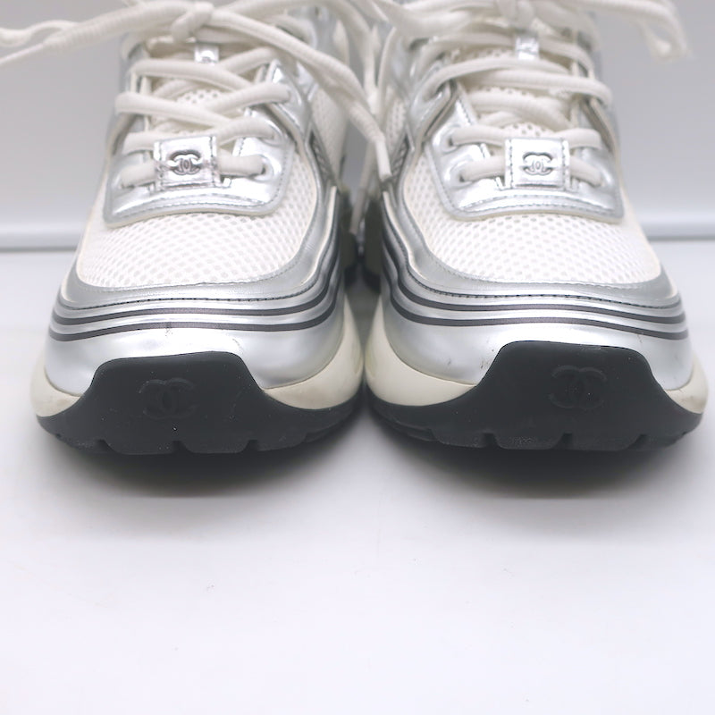 Chanel CC Runner Sneakers Silver Leather &amp; White Mesh Size 36
