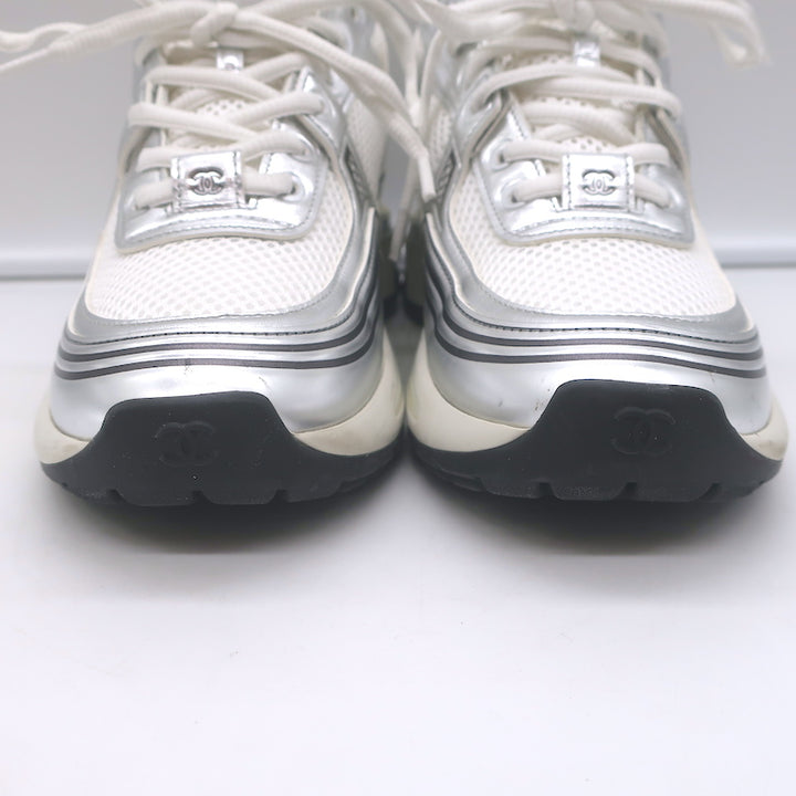 Chanel CC Runner Sneakers Silver Leather &amp; White Mesh Size 36