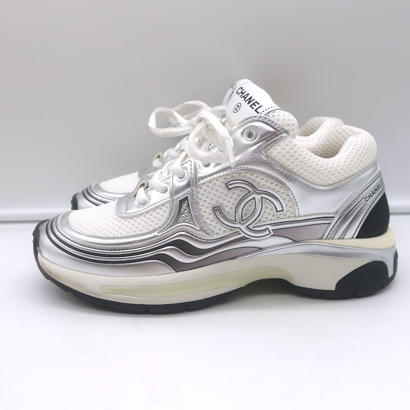 Chanel CC Runner Sneakers Silver Leather &amp; White Mesh Size 36