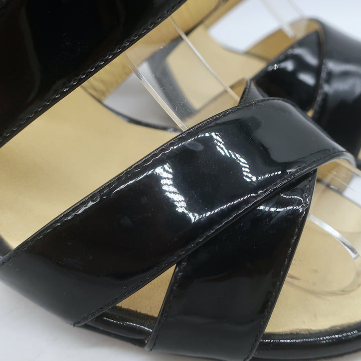 Chanel 2016 Floral-Heel Crisscross Sandals Black Patent Leather Size 38.5
