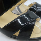Chanel 2016 Floral-Heel Crisscross Sandals Black Patent Leather Size 38.5